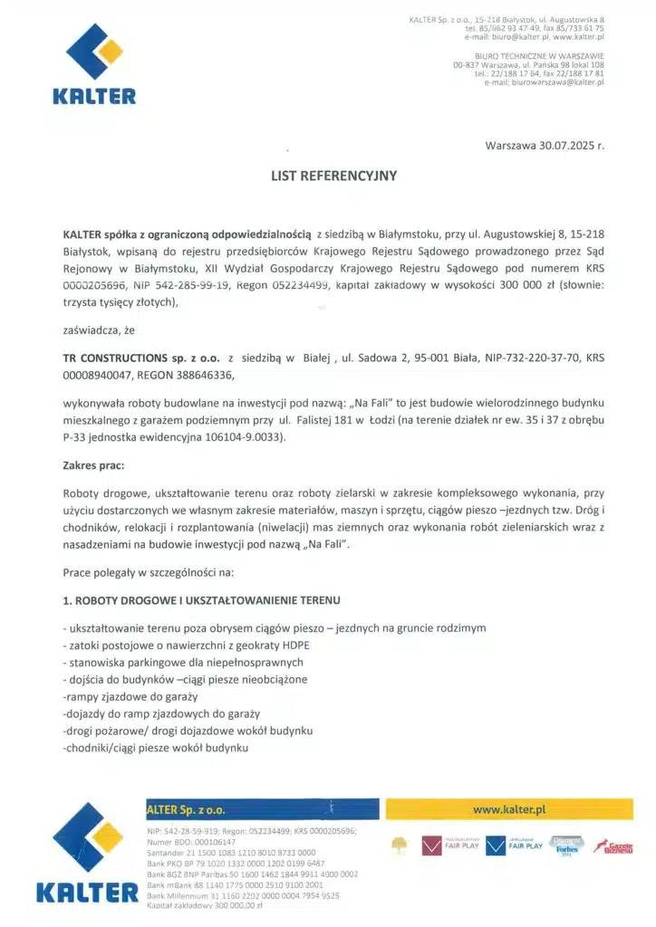 List referencyjny Kalter dla TR Constructions – roboty drogowe przy inwestycji Na Fali w Łodzi, strona 1