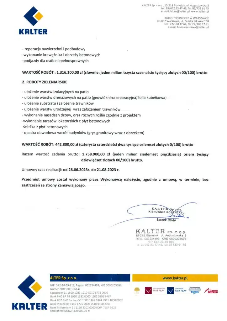 List referencyjny Kalter dla TR Constructions – roboty drogowe i zieleniarskie w Łodzi, strona 2
