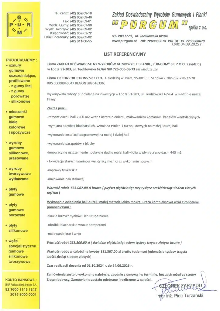 List referencyjny PUR-GUM dla TR Constructions dotyczący remontu dachów i docieplenia hal w Łodzi
