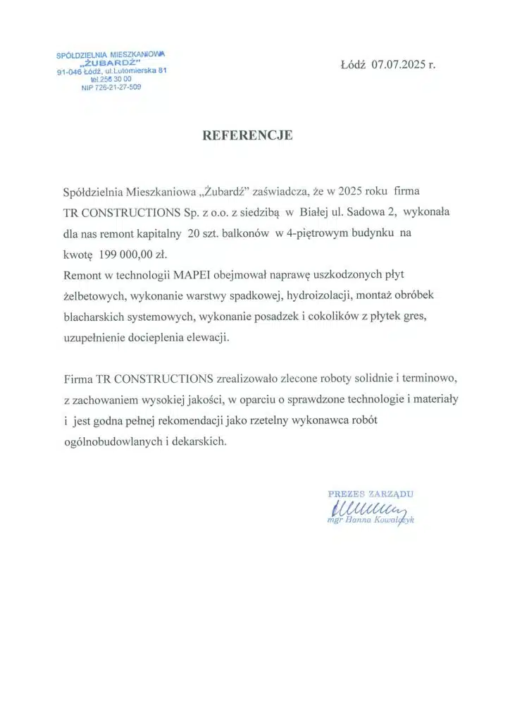 Referencje SM Żubardź dla TR Constructions – remont kapitalny 20 balkonów w Łodzi