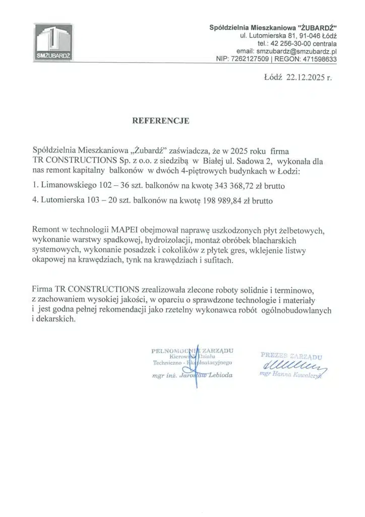 Referencje SM Żubardź – remont 56 balkonów przy Limanowskiego 102 i Lutomierskiej 103 w Łodzi
