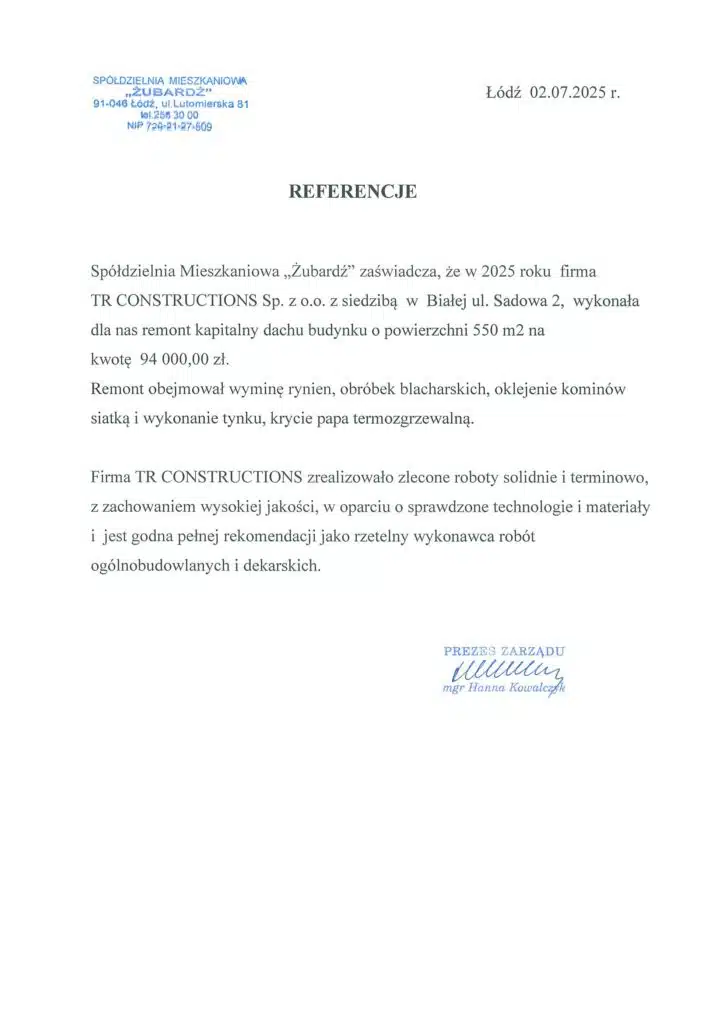Referencje SM Żubardź dla TR Constructions – remont kapitalny dachu o powierzchni 550 m² w Łodzi