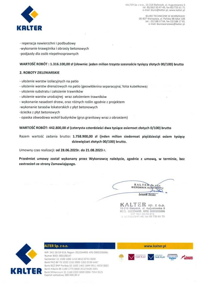 Referencje Kalter dla TR Constructions za nawierzchnie drogowe i prace zieleniarskie w Łodzi