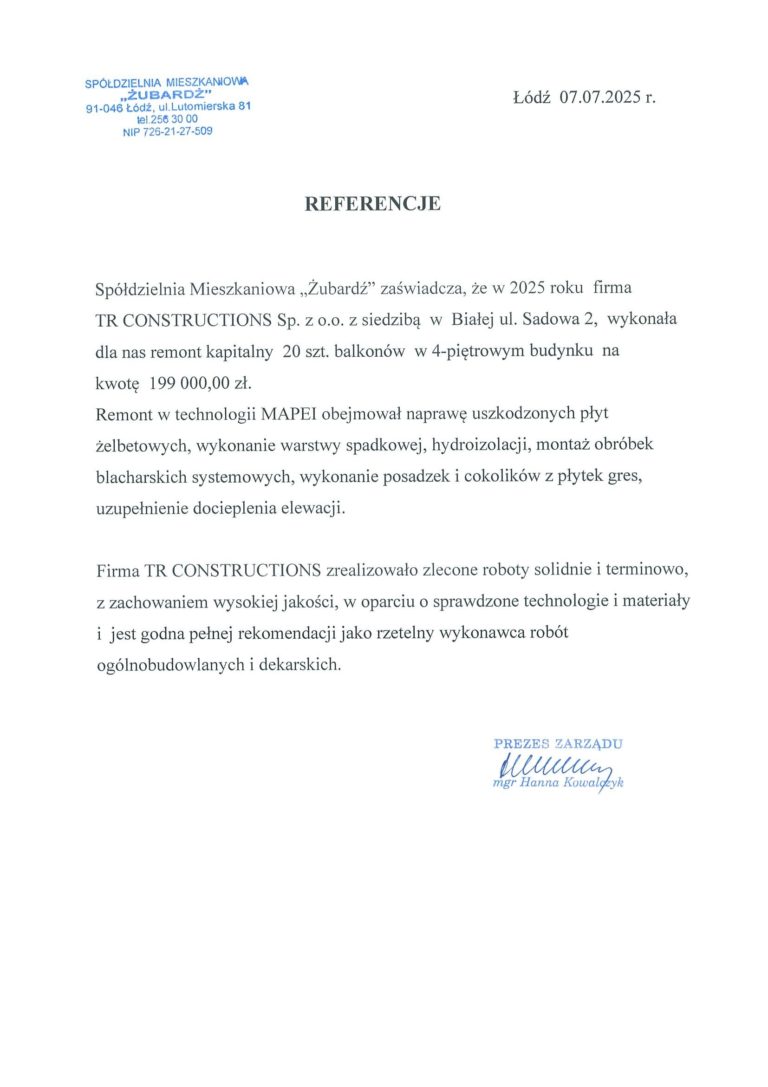 Referencje SM Żubardź za remont 20 balkonów z hydroizolacją w Łodzi