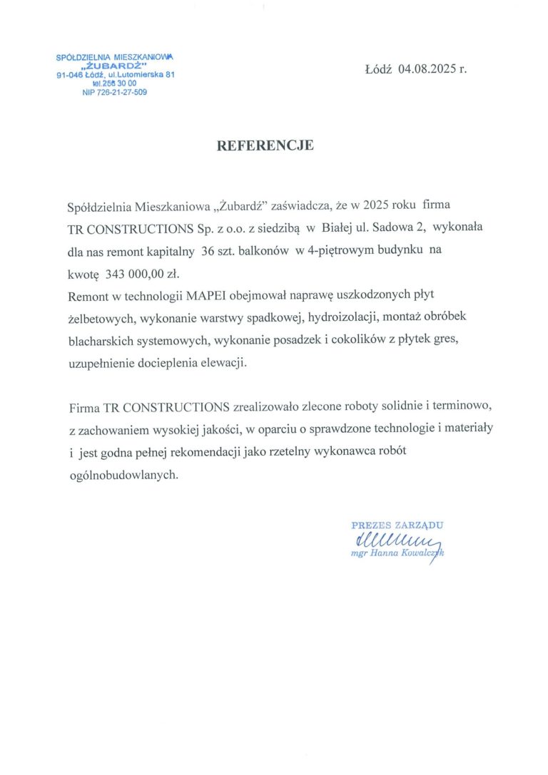 Referencje SM Żubardź za remont 36 balkonów w Łodzi