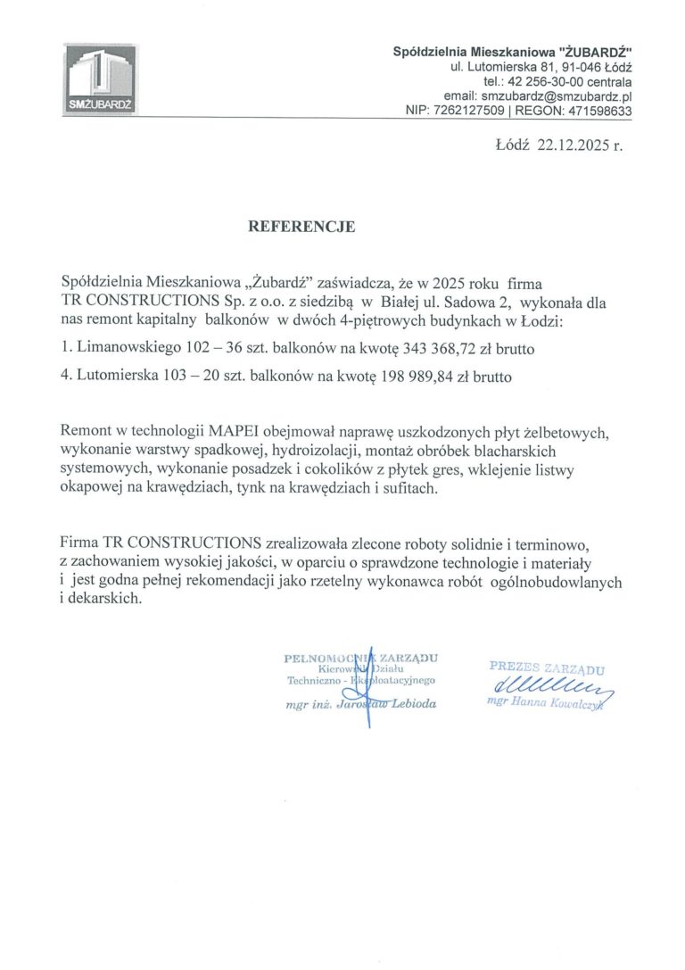 Referencje SM Żubardź za remont balkonów przy ul. Limanowskiego i Lutomierskiej w Łodzi