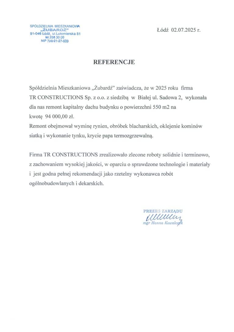 Referencje SM Żubardź za remont dachu z papą termozgrzewalną w Łodzi